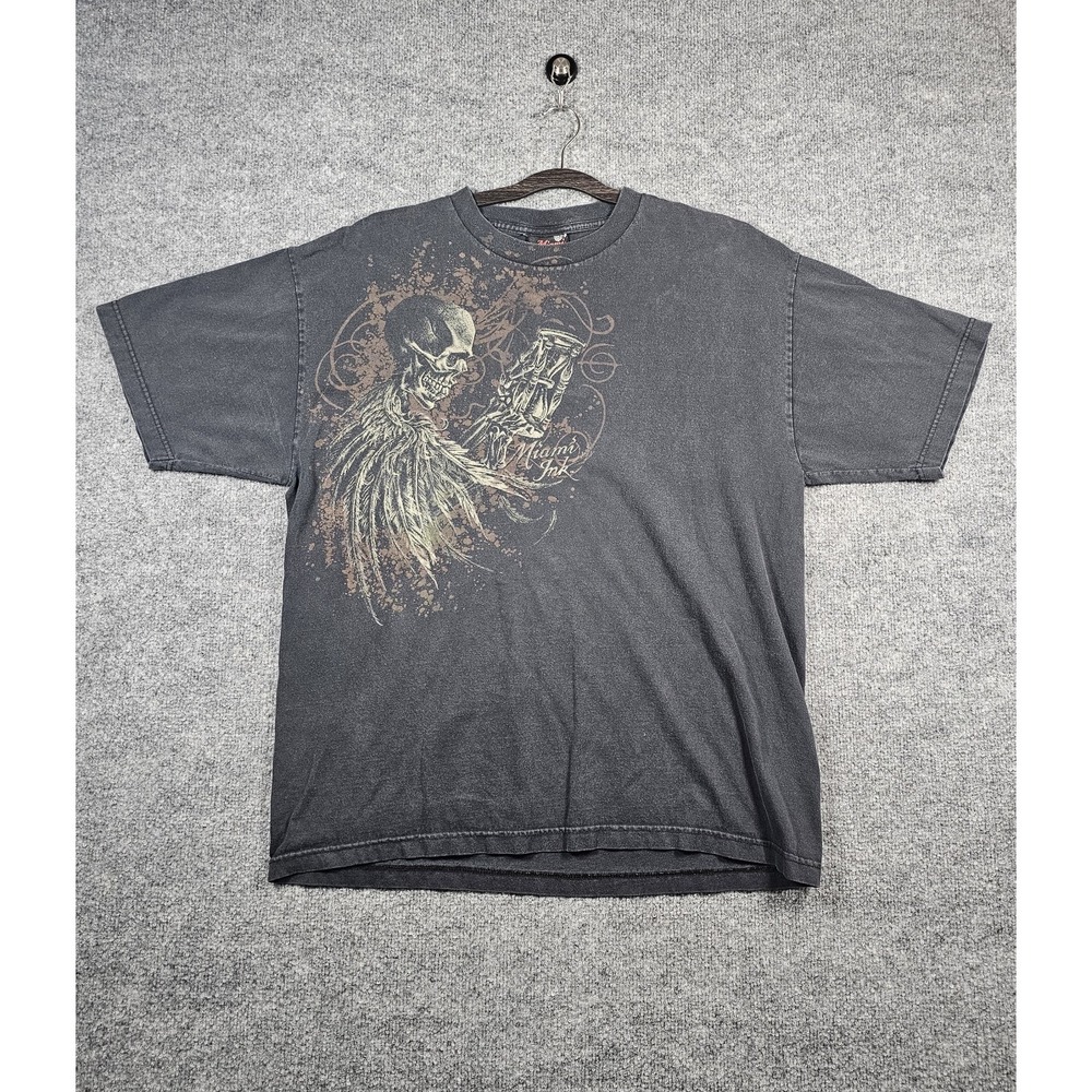 Vintage Miami Ink Skull Shirt Mens XL Faded Black Tattoo VTG Graphic Gothic Y2K